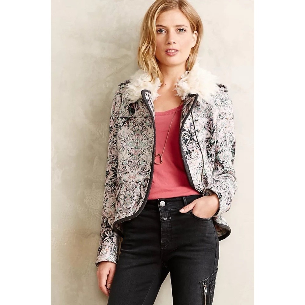 Anthropologie‎ Elevenses Paisley Moto Jacket Wool Faux Fur Collar Women